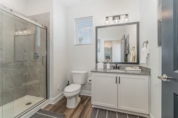 Glass showers in bathroom (select units)